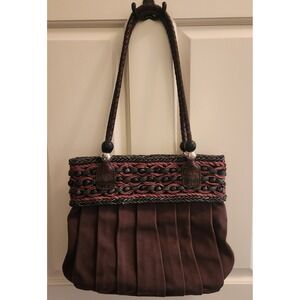 Brighton Canvas Pleated Shoulder Bag Woven‎ Straw Beaded Strap Brown Purse